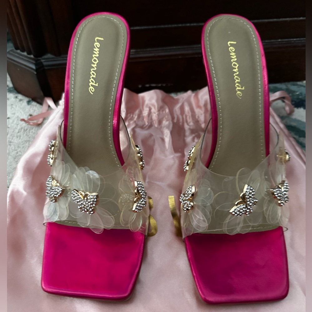 Lemonade Fuchsia and Gold Butterfly Embellished Heels